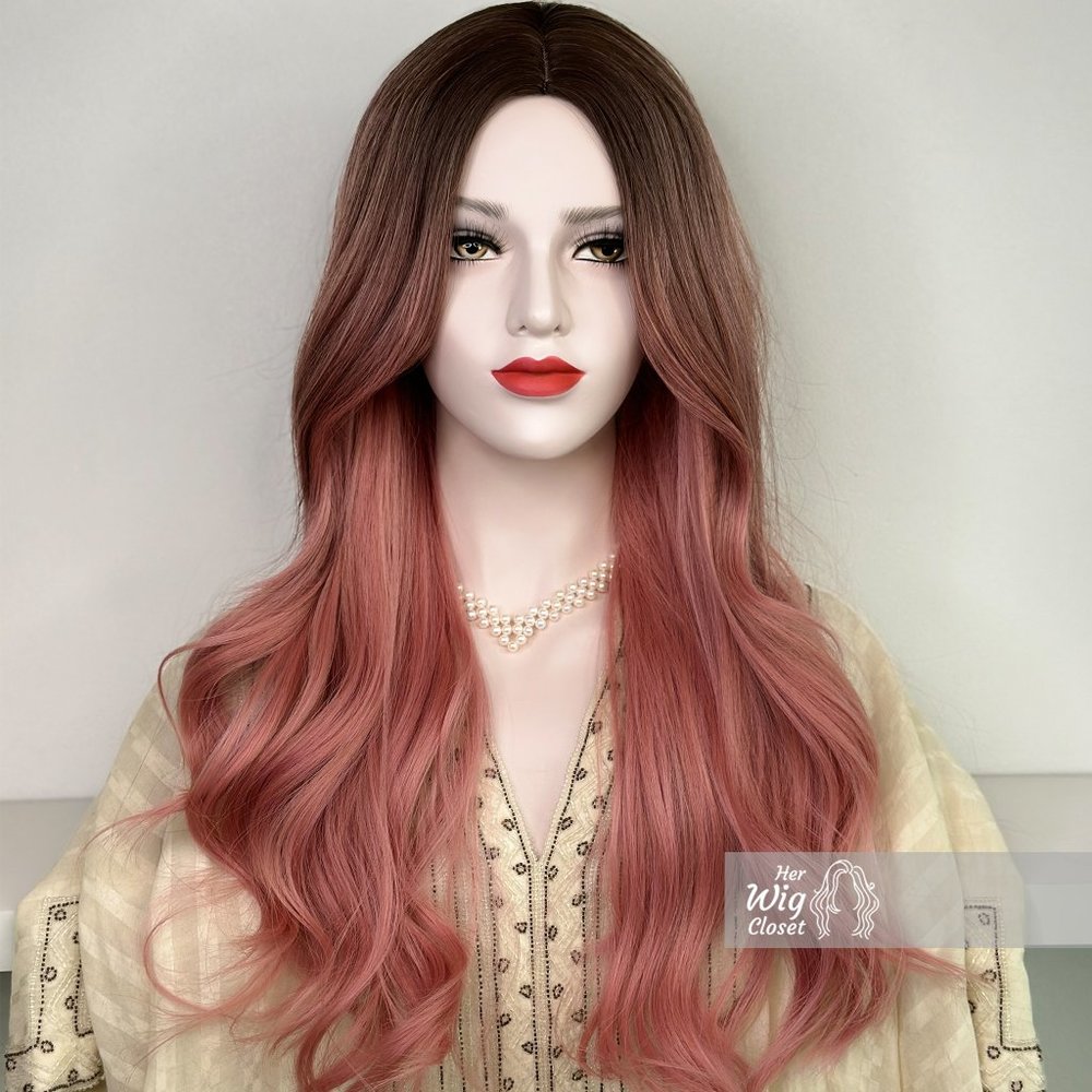 Sakura Pink Hair Ombre Pastel Pink Wig Dark Roots Wavy Wig | Anaella - Picture 1 of 8